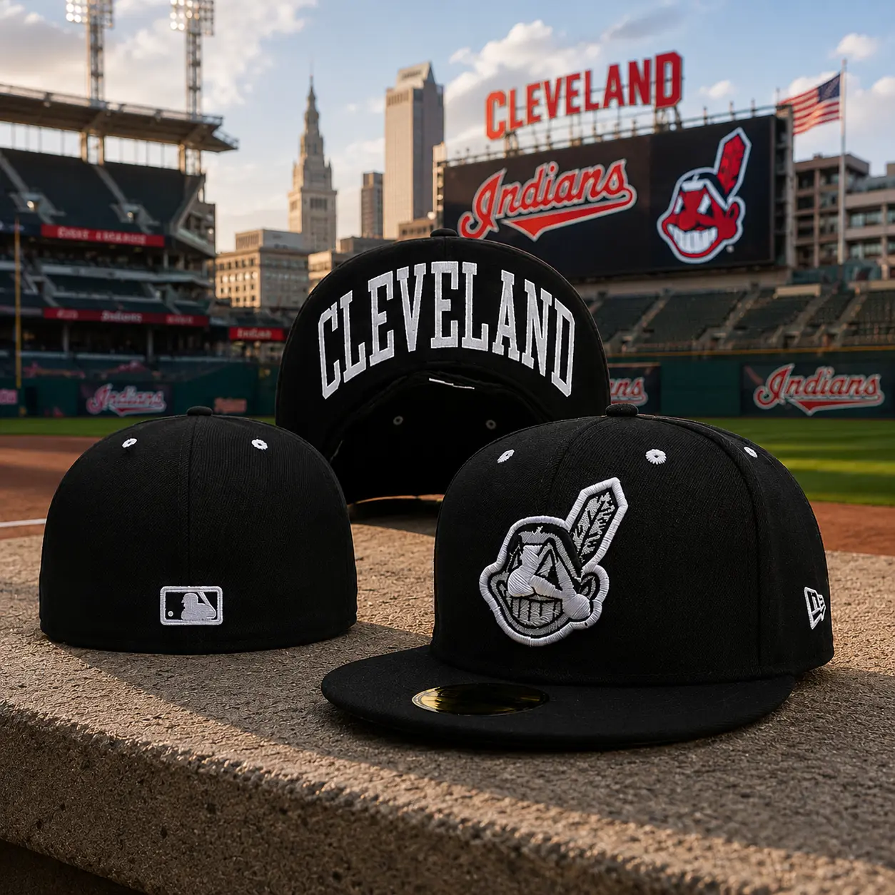 NEW 2026 Cleveland Indians Fitted hat, Black with White Logo , Different sizes