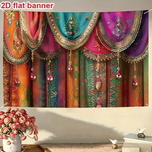 2D Flat Design Party Banner, Back Drop, 1 Piece Polyester Indian Style Background Cloth, Reusable Indoor Outdoor Decor, Easy Installation