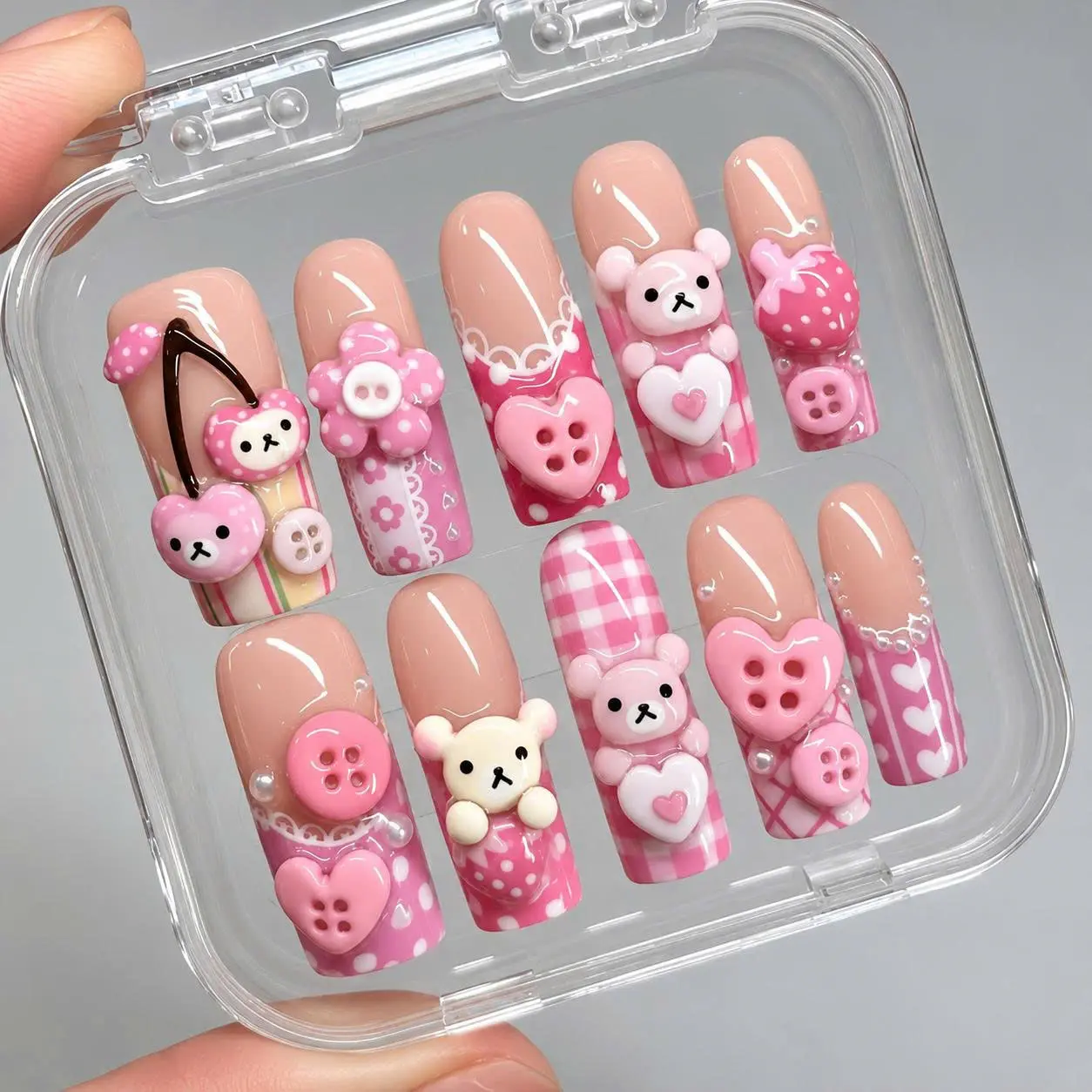 Coquette Bear M61 Press On Nails | Pink Gingham, Cherry & Heart Button | Handmade Nail Set