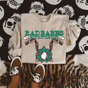 Rad Babes Moto Club Graphic Jumper, Edgy Cowgirl Outfits, Turquoise Western Aesthetic, Biker Babe Clothing for Women, Wild West Streetwear Top, Retro Graphic Sweatshirt, Western Moto Style Wear