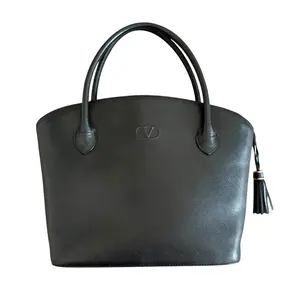 Pre-owned Valentino Handbag Tote Bags Garavani black leather V logo tassel authentic with COA
