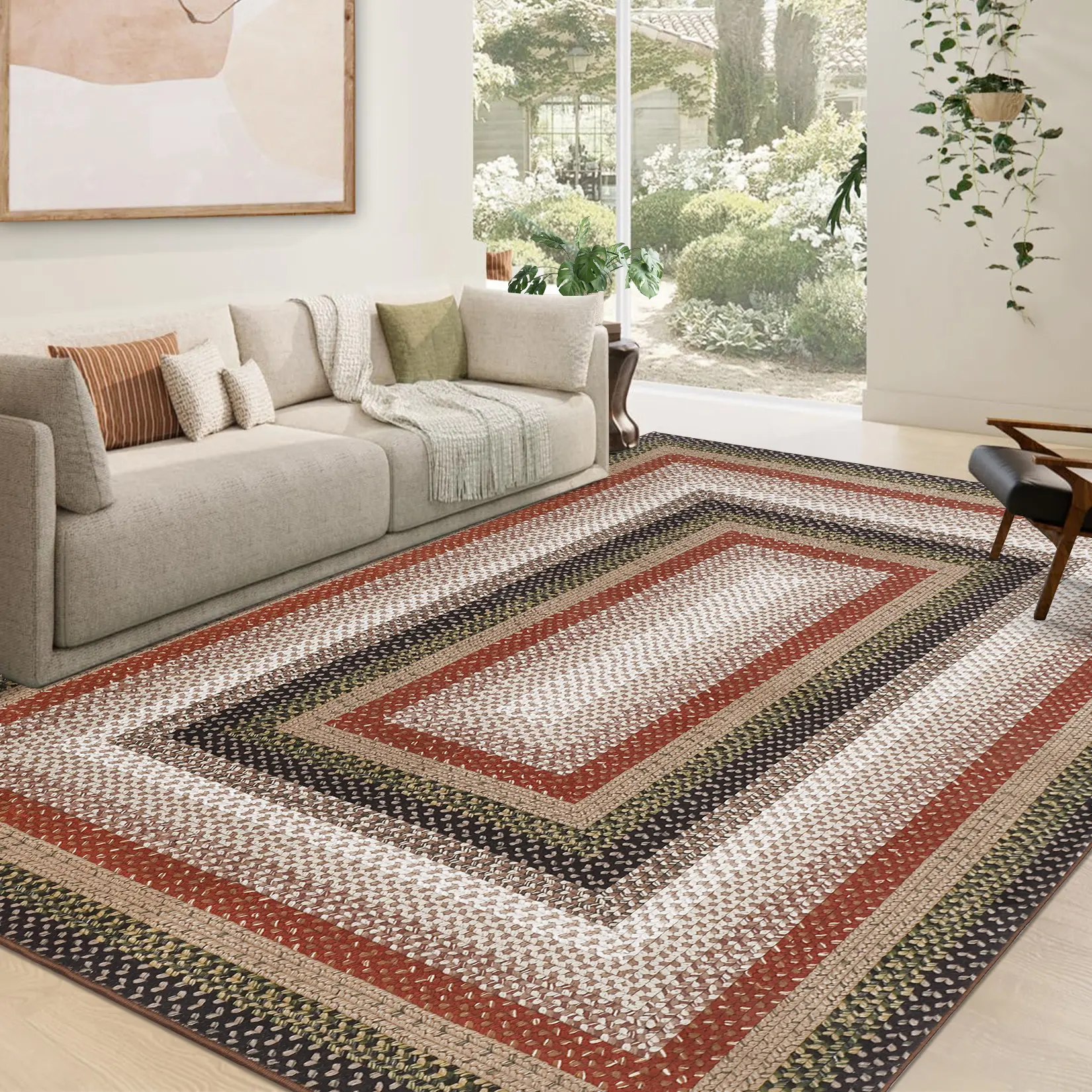 Washable Braided Print Area Rugs for Living Room, Geometric Bordered Non Slip Bedroom Rug Low Pile Stain Resistant Large Area Rug for Dining Room Office Modern Floor Carpet for Home Decor