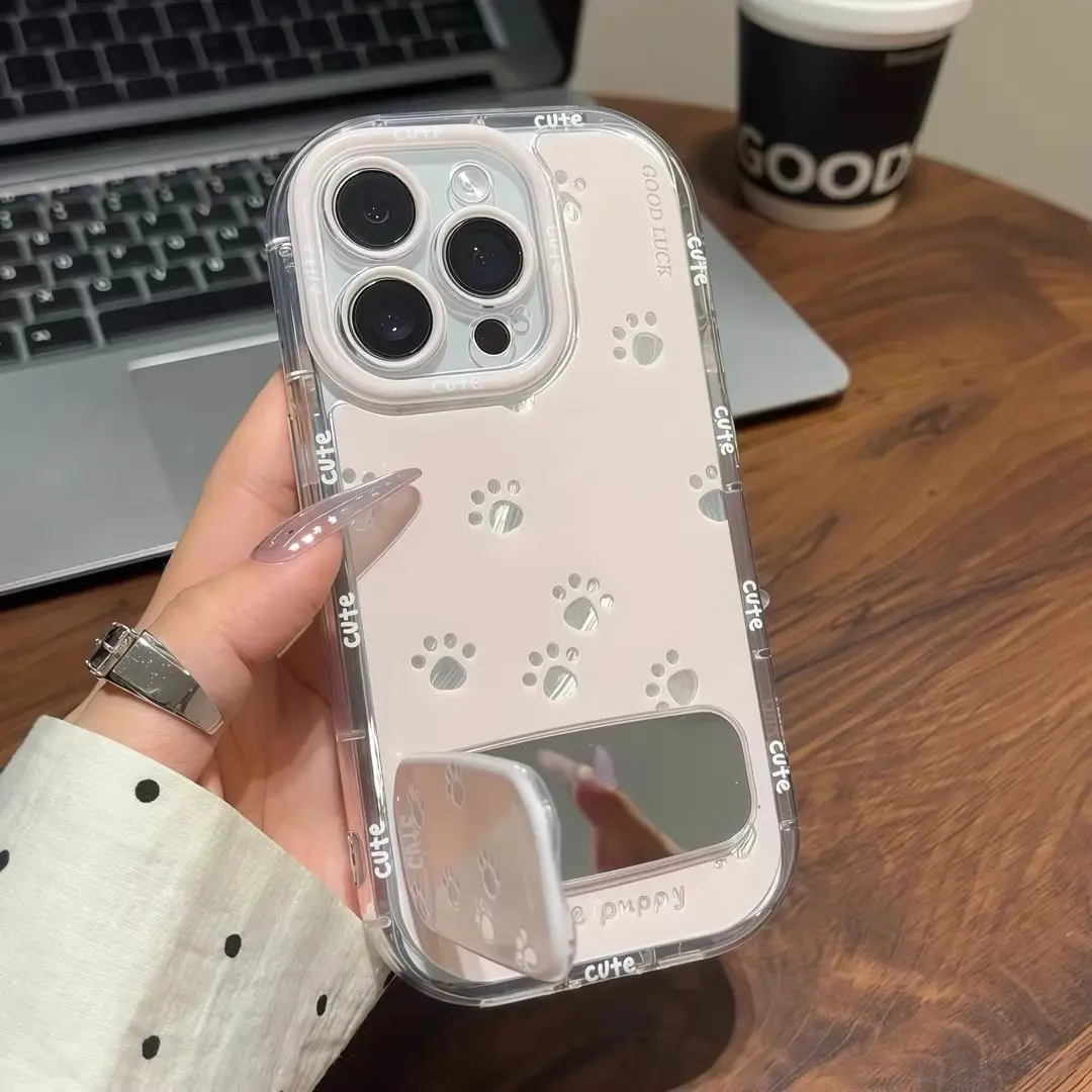 Cute Cat Paw Mirror Stand Compatible with Apple 16 Pro Max Phone Case 15 Feather Gauze Couple 14 High-end Feel 13 Hard