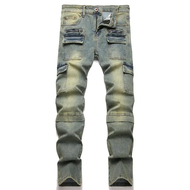 Men's Slim Fit Biker Jeans in Washed Green Stretch Denim, High-Stretch Streetwear Pants with Motorcycle Zipper Details
