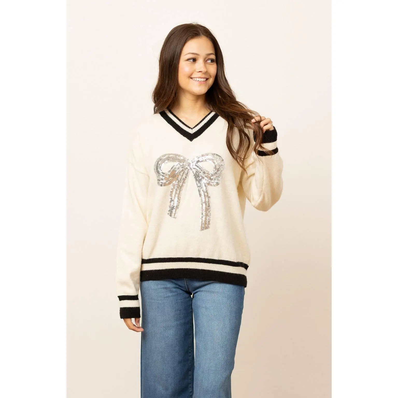 Silver Sequin Bow Sweater: Cream & Black Chic: Beige / M