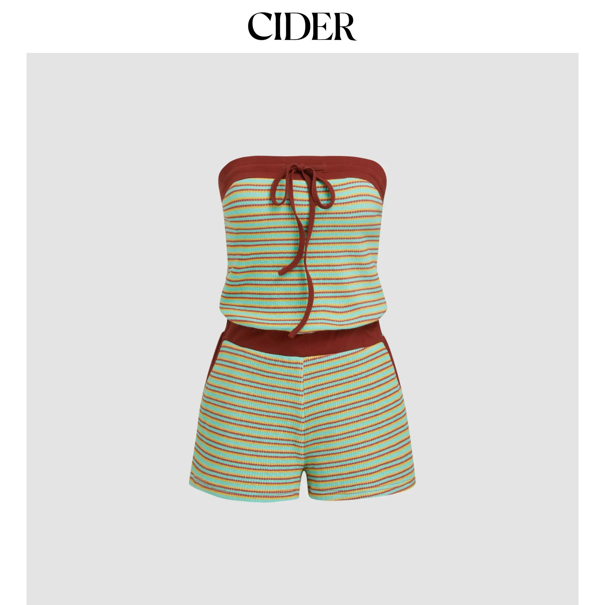 Cider Women's Cotton-Blend Stripe Bandeau Romper with Knotted Contrasting Binding, Stretchy Wide-Leg Design for Summer Beach & Daily Casual Wear
