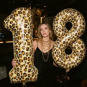 Leopard Print Number Balloons Set, 2-Pack 40-Inch Aluminum Foil Balloons, Birthday Party Decorations, 18th & 81st Anniversary Gifts