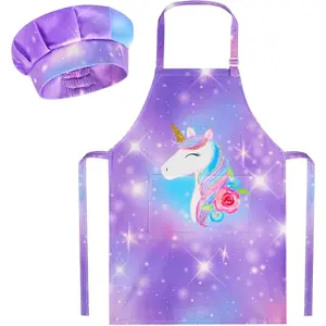 MHJY Kids Apron and Chef Hat Set, Child Aprons for Cooking Baking Painting Cute Toddler Girls Apron with Pockets 3-12 Years