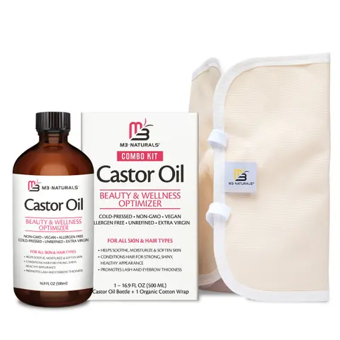 M3 Naturals Pure Castor Oil Pack Kit for Detox, Selfcare & Body Care - Large Hexane-Free Cold-Pressed Castor Oil in Glass Bottle, Adjustable Reusable Organic Cotton Wrap