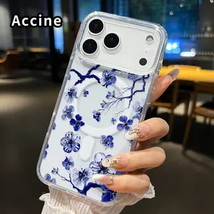 Magnetic Soft Case for iPhone 17 16  Pro Max Plus 15 14 13 12 11 Air E Blue blossom grace Pattern Anti-Yellowing Shockproof ultra-thin Silicone Crystal Transparent Acrylic Large Hole Cover Supports Wireless Charging