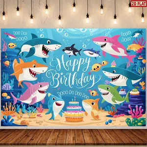 2D Flat Banner, 1pc Shark-Themed Birthday Party Backdrop Banner - Colorful Polyester Decor with Friendly Sharks, Fish, and Marine Elements, "Happy Birthday" Cursive Design, Ideal for Room and Wall Decoration