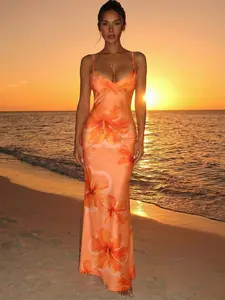 MARANDAS Summer Vacation Spaghetti Strap Tie-Up Bodycon Sexy Orange Hibiscus Print Dress, Suitable For Summer, Beach Outfit, Hawaiian Floral Dress, Beach, Music Festival,Summer Dress,Vacation Dress, Women's Summer Dresses, Women Maxi Dresses, Sunset Dress