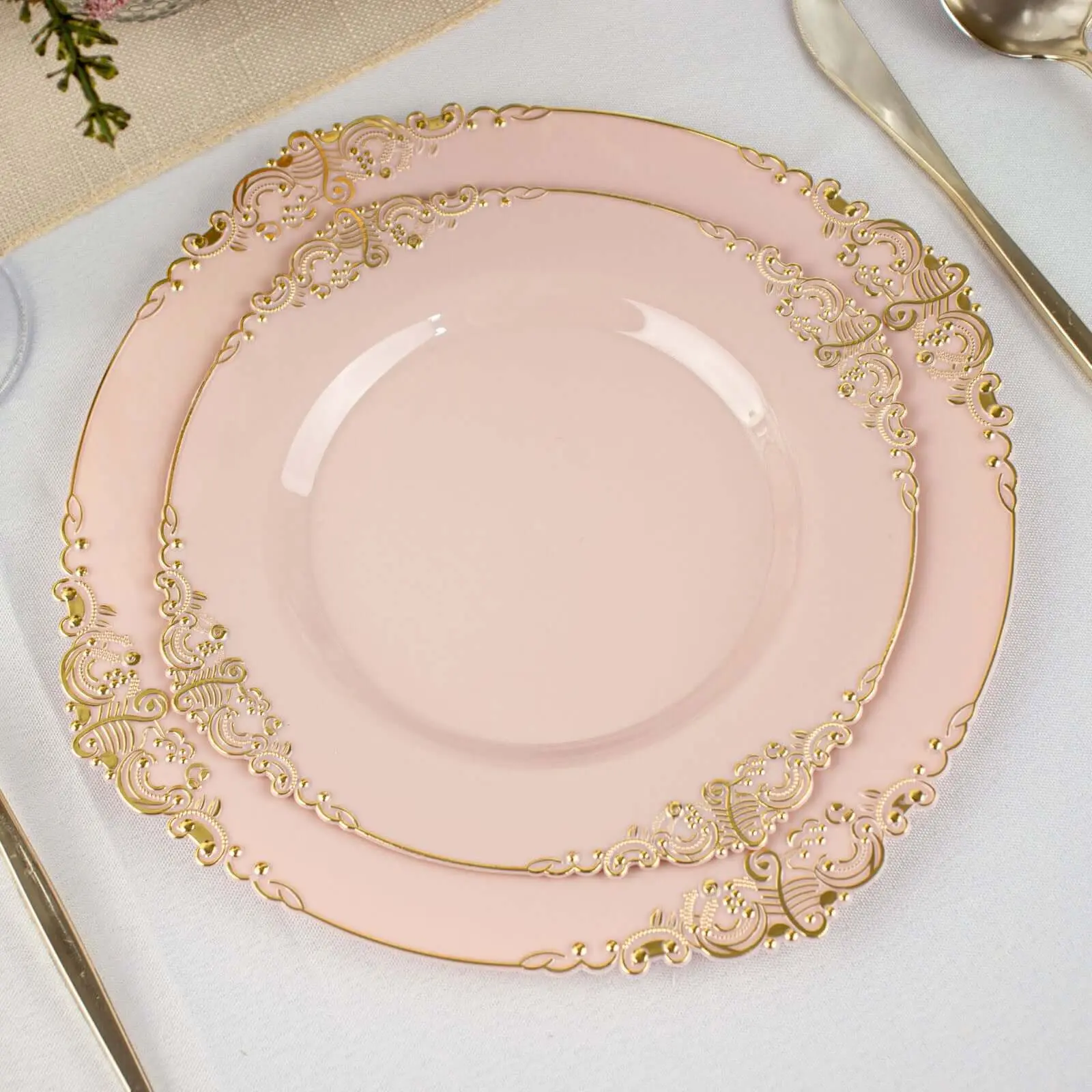 10-Pack Disposable Blush Pink 8" Round Party Plates - Gold Leaf Embossed Rim, Vintage Baroque Floral Style, Gold Plastic Dinnerware, for Salad Serving & Dinner Use