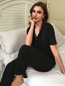 Women's Casual Solid Color Sleepwear Set, Lapel Button Design, Elastic Fabric, Breathable and Soft, Indoor Outdoor Wear, Two-Piece Loungewear, Pajama Set