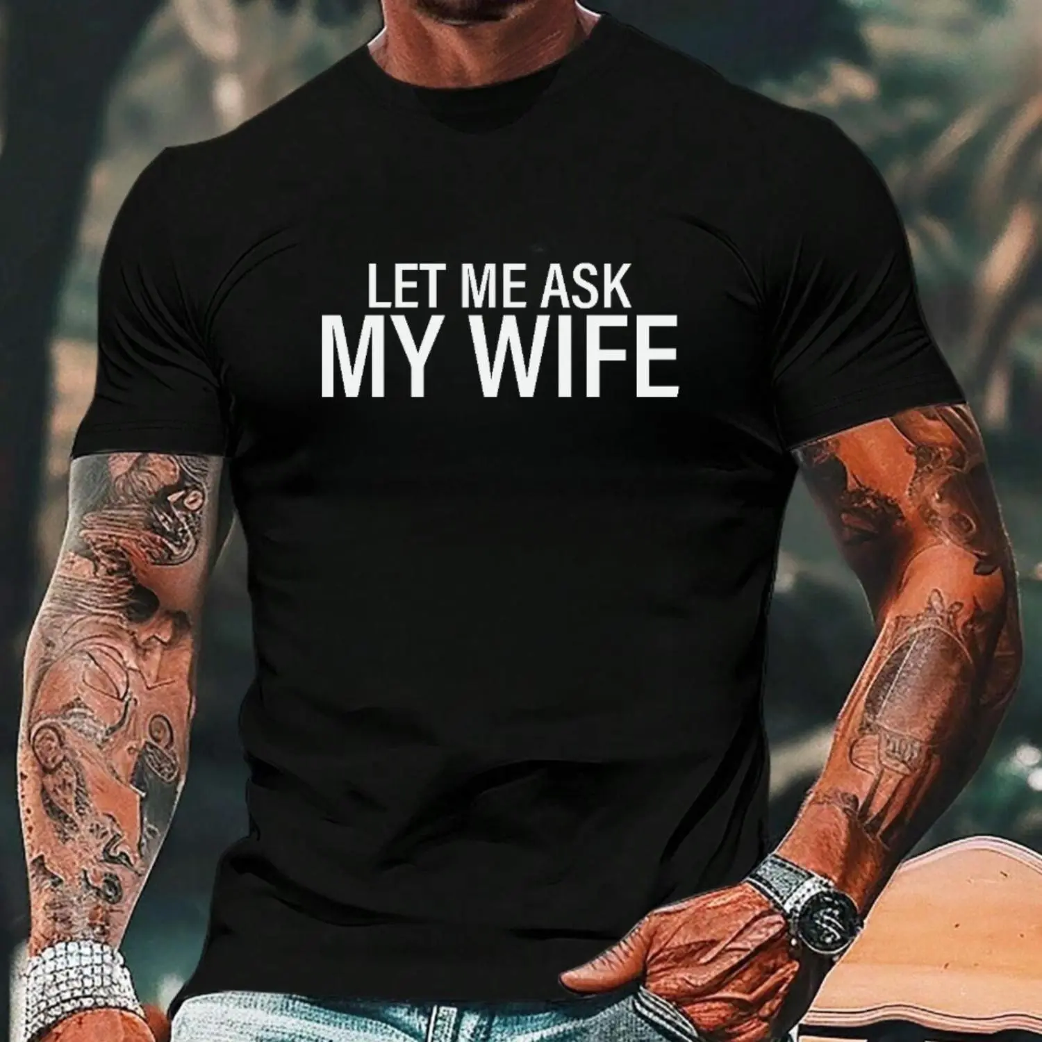 Women's Black Graphic T-Shirt, Casual "Let Me Ask My Wife" Humorous Quote Top, Streetwear Short-Sleeve in Soft Breathable Cotton, Shortsleeve, Tshirt