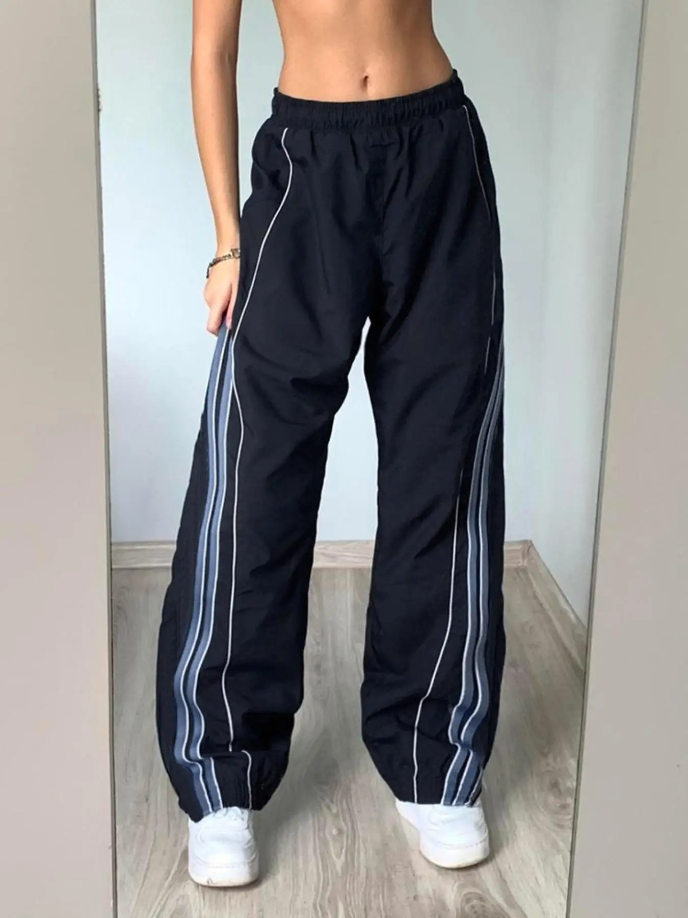 Women's Side Stripe Wide Leg Pants, Casual Elastic Waist Striped Print Trousers, Women's Bottoms for Daily Wear Outdoor
