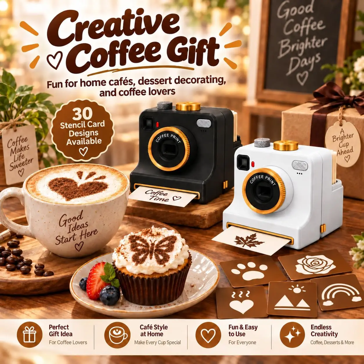 Camera Design 3D Printed Latte Art Stencil, DIY Manual Latte Art Decor Tool with 4 Replaceable Stencils (Random Patterns), Barista Powder Art Template for Cappuccino, Cocoa, Hot Chocolate, Dessert, Home Coffee Station Decor