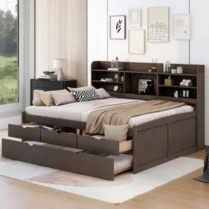 【Bellemave】 （2 packages）Size Wooden Captain Bed with Built-in Bookshelves,Three Storage Drawers and Trundle