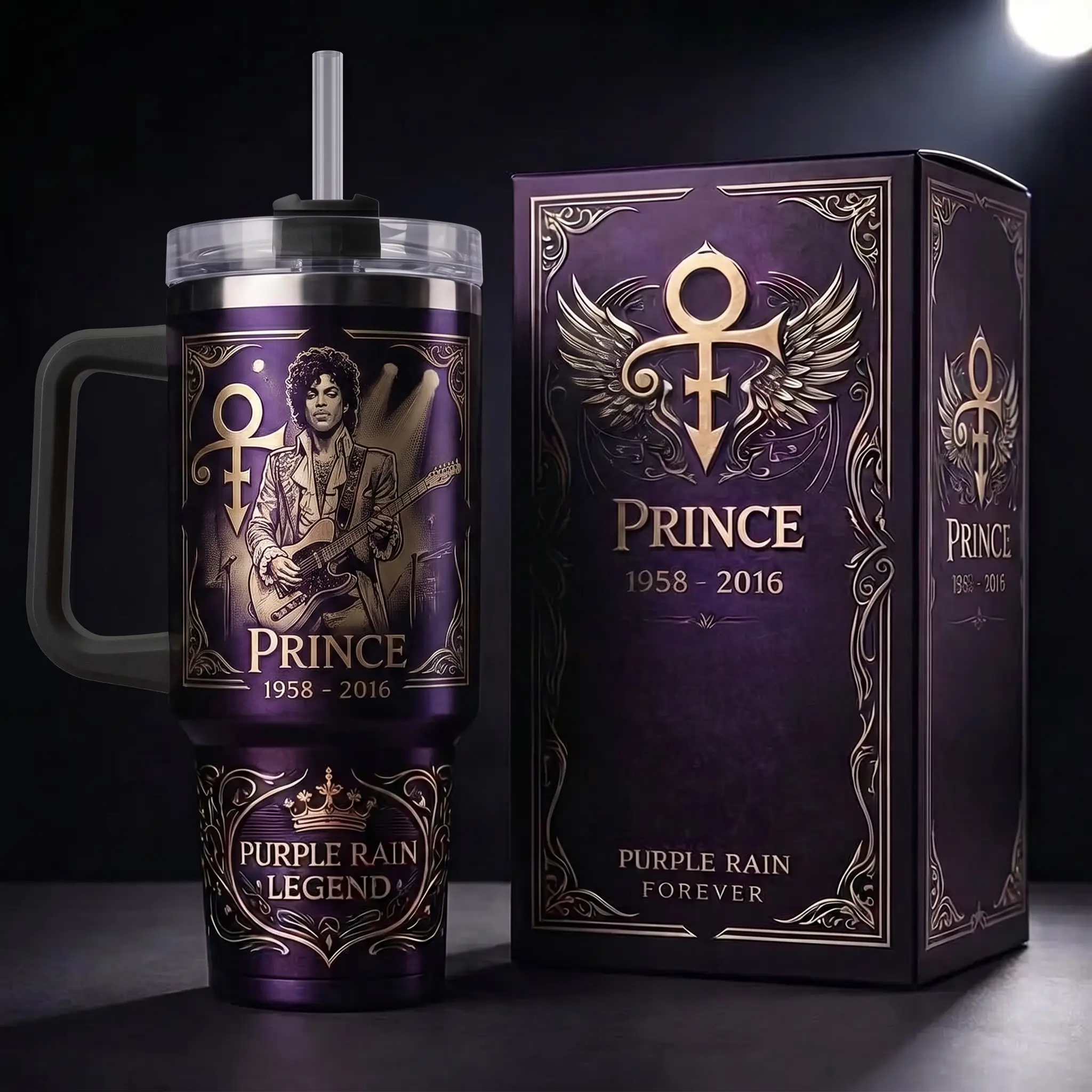Prince 1958-2016 Tribute Tumbler, Limited Edition Purple Rain Legend Gold Engraved Travel Mug with Handle & Straw, Premium Vacuum Insulated Stainless Steel Cup, Iconic Musician Fan Collectible, Perfect Gift for Him or Her