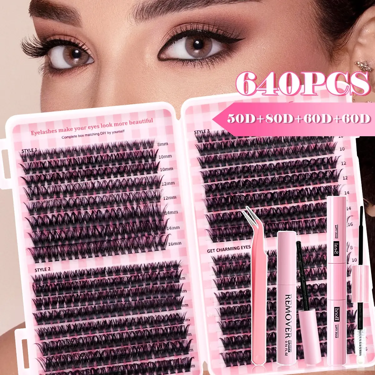 640 eyelash extension set, 8-16mm, with glue + tweezers + glue remover, 30D+40D+50D style, 0.07 thickness, suitable for home self-grafting, enlarging the eyes