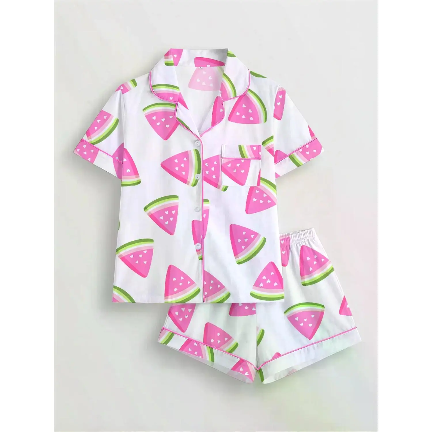 Women's Watermelon Print Pajama Set - Short Sleeve Button-Up Top & Elastic Waist Shorts, Cozy Loungewear and Sleepwear