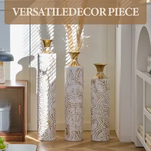 Glossy 3-Piece Handcrafted Metal Cylinder Floor Vase Set, Gold & White Embossed Tall Vases (24.61in-28.54in-32.48in) - Home Decor Accessory for Living Room Pampas Grass, Ideal Housewarming Decoration Gift