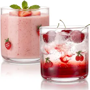 Set of 2 Cherry Icon Juice Glass 14oz  Strawberry Glass Cup  Coffee Mug Gifts for Women Girls Mother's Day Birthday Bridal Shower Gifts