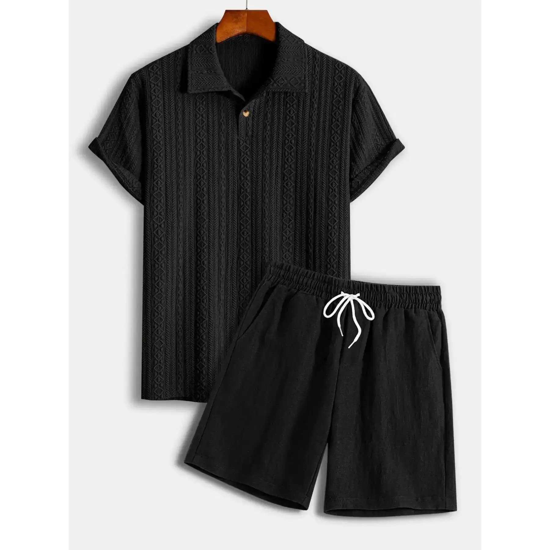 Men's 2 Piece, Textured Knit Polo Shirt   Casual Shorts Set, Summer Tropical Beach Vacation, Daily Leisure Tracksuit, Comfortable and Stylish trending now comfy chic all day comfort effortless
