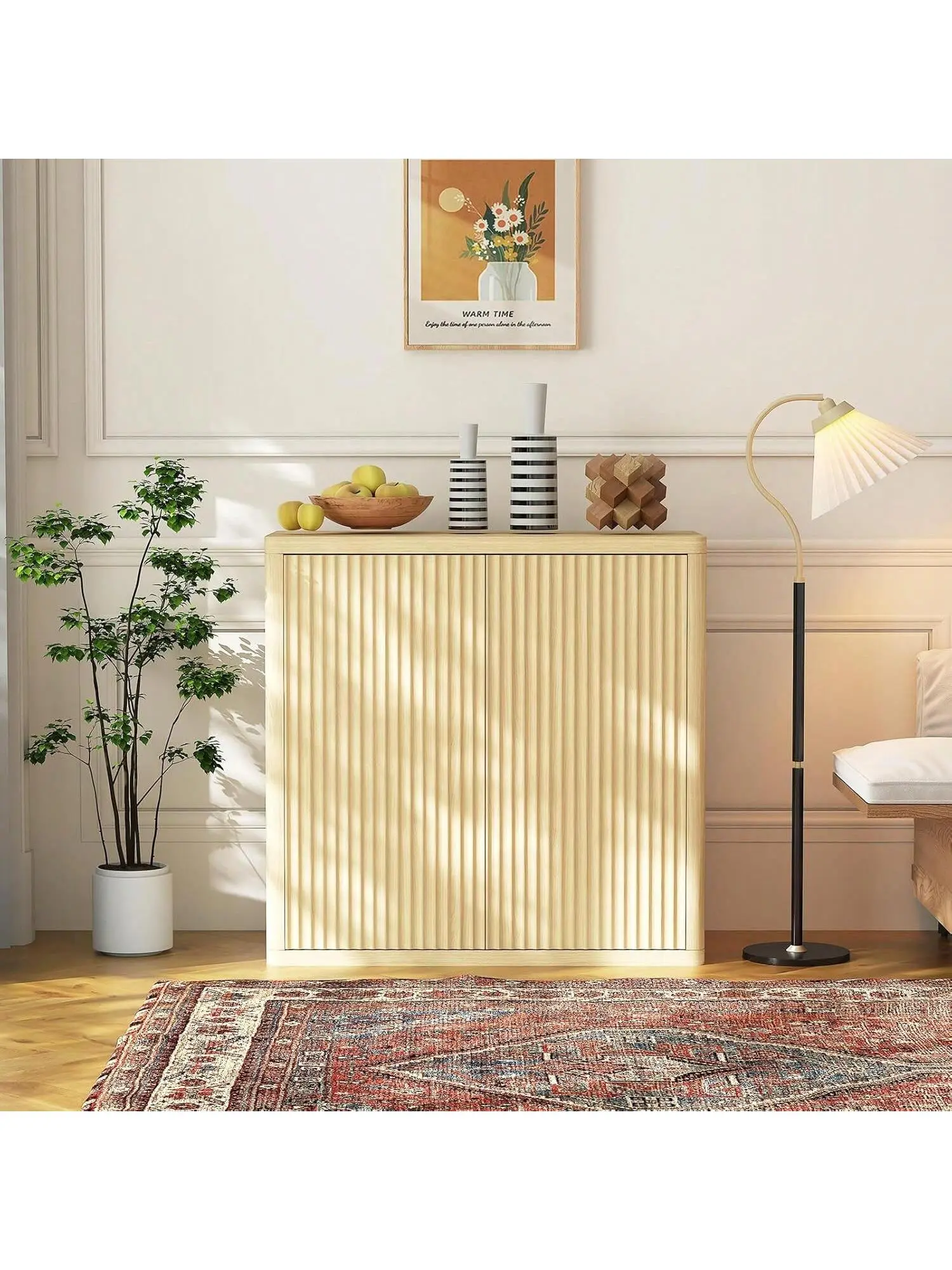 Gaomon Durable 3-Tier Buffet Cabinet - Waterproof Modern Engineered Wood Storage Design Furniture with Double Fluted Doors, Adjustable Shelves, Minimalist Curve, Waveform Panel (34.6"w x15.6"d x34.6"h), Assembly Required for Dining Room, Sideboard Buffets