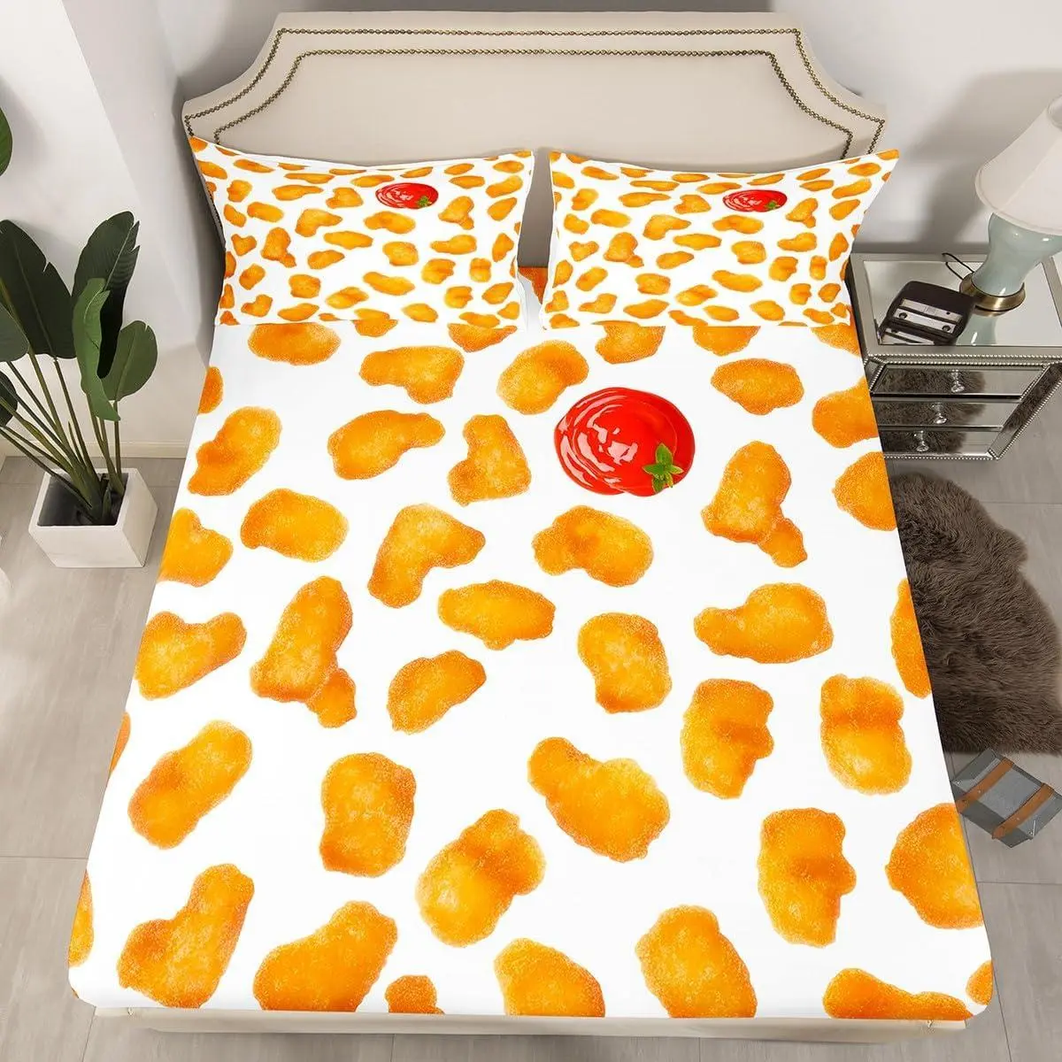 Chicken Nuggets Fried Bedding Set,Gift for Kids Boys Girls Teens Adult Food Bed Sheet Funny Food Fitted Sheet Men Women Bedding Set,Bedroom Decor,Yellow