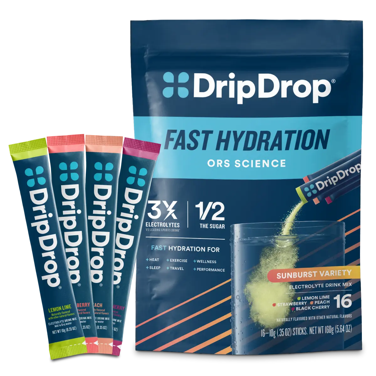 DripDrop Sunburst Variety Pack Electrolyte Powder, 8 oz sticks, 16 count DripDrop Sunburst Variety Pack Electrolyte Powder, 8 oz sticks, 16 count