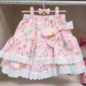 Japanese Sweet Kawaii Print Cake Skirts Women Lolita Style Lace Patchwork Pleated Skirt Summer Y2k High Waist A-Line Mini Skirt