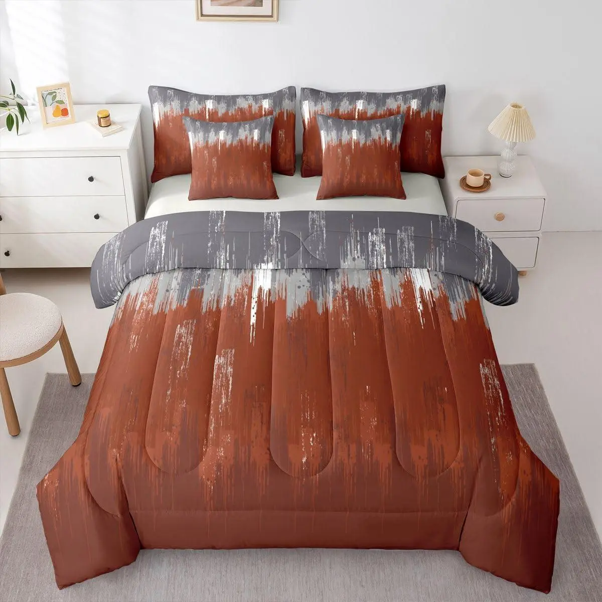Oil Painting Ombre White Brown Comforter Bed Set,7 Pieces Terracotta Gradient Bed Bag,Abstract Aesthetic Bed Set,Adults Men Women Bedding