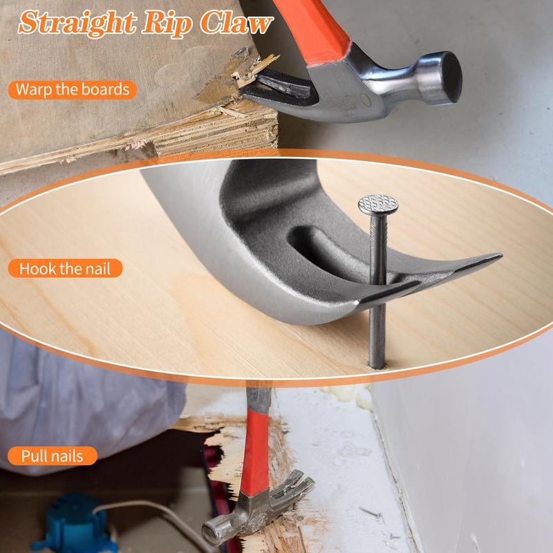 8/16/24oz Straight Rip Fiberglass General Purpose Claw Hammer, with Smooth Face & Non-slip Grip