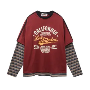 Inflation Unisex Vintage Oversize Letter Print False Two-Piece Tee 2026 SpringTok Fall New Stripe Panel Long Sleeve Casual T-Shirt Top Street wear