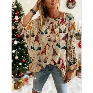 Women's Christmas Print Knit Top, Long Sleeve V Neck Loose Fit, Casual Elegant Holiday Wear, Ladies Sweater Vest for Winter