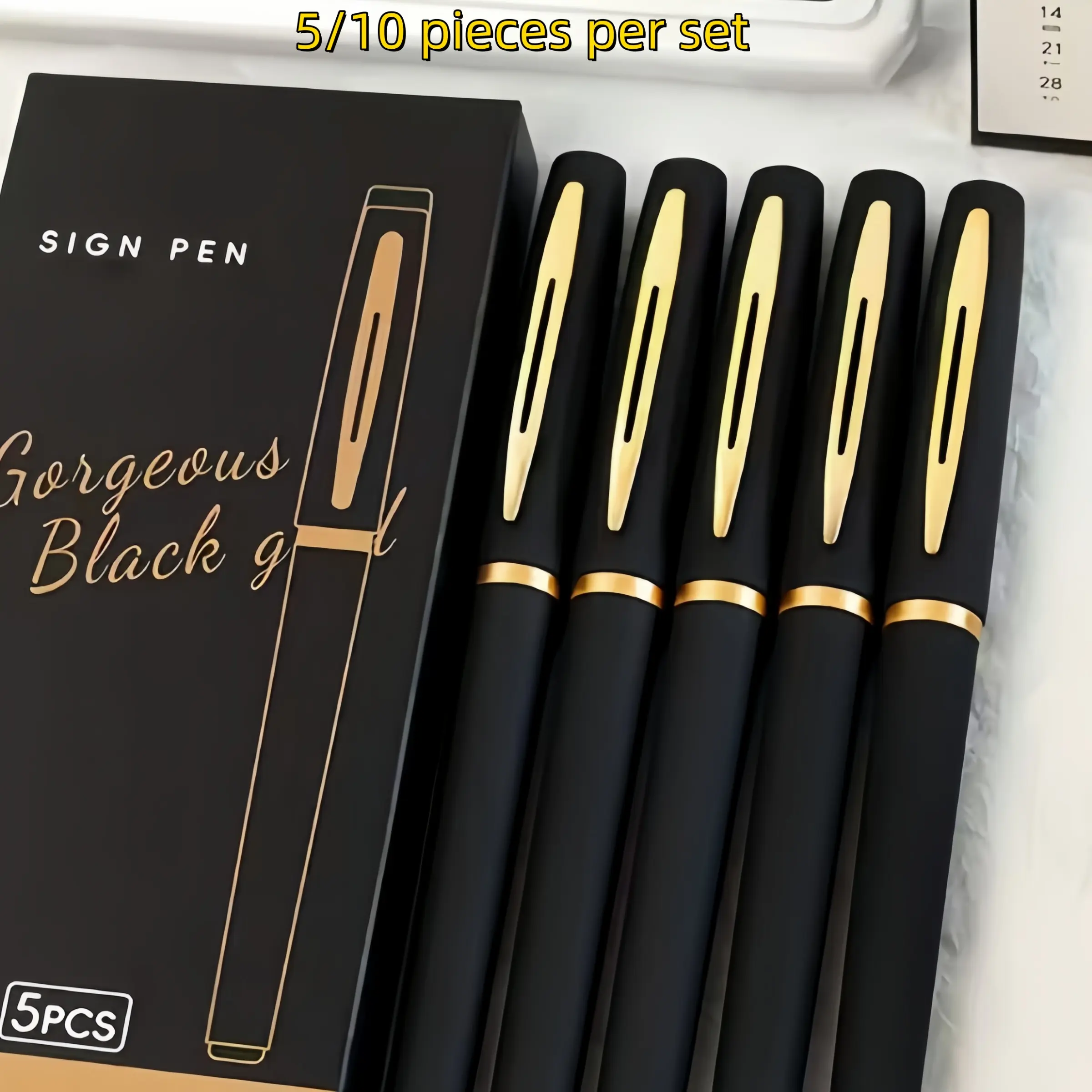 5-piece set of stylish black and gold gel pens, high-capacity gel pens, Writing Pens - 0.5mm/0.7mm/1.0mm multi-specification nibs, high capacity, business work signature pens