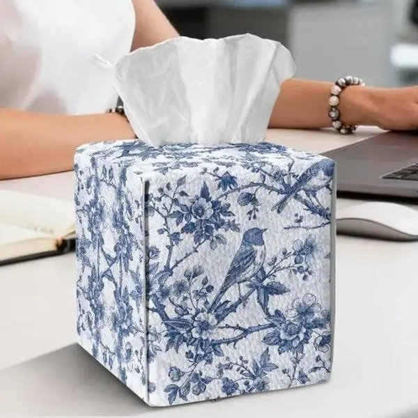 Blue and White Bird Tissue Box Cover,PU leather tissue cover,Vintage Floral Bird Print Tissue Box Holder, Elegant Botanical Pattern Decorative Tissue Cover for Living Room, Bedroom, Kitchen and Office