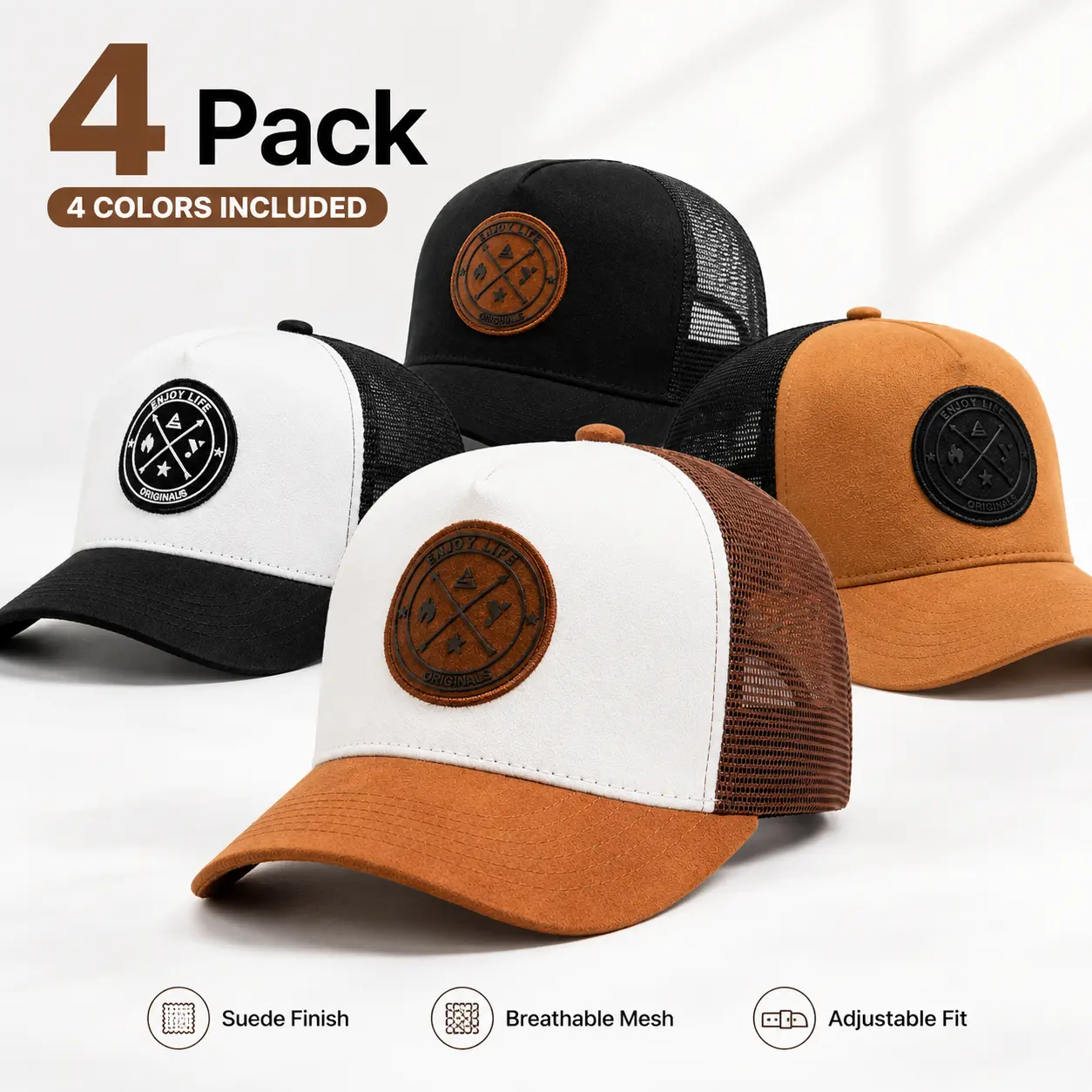 4 Pack Suede Finish Trucker Hats for Men, Breathable Mesh Back Baseball Caps with Adjustable Curved Brim & Round Patch, Casual Outdoor Men's Hats with Mesh Breathability & Solid Colors