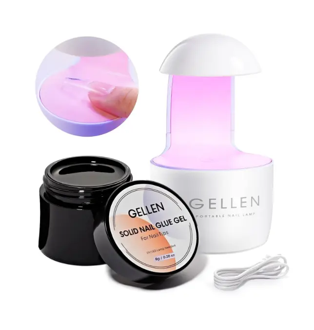 Gellen Solid Nail Glue Gel Kit - 8g Gel and 8w Mini UV Light LED Lamp for Cured Nails, Press on Glue for Acrylic Fake Tips, Salon Art DIY at Home