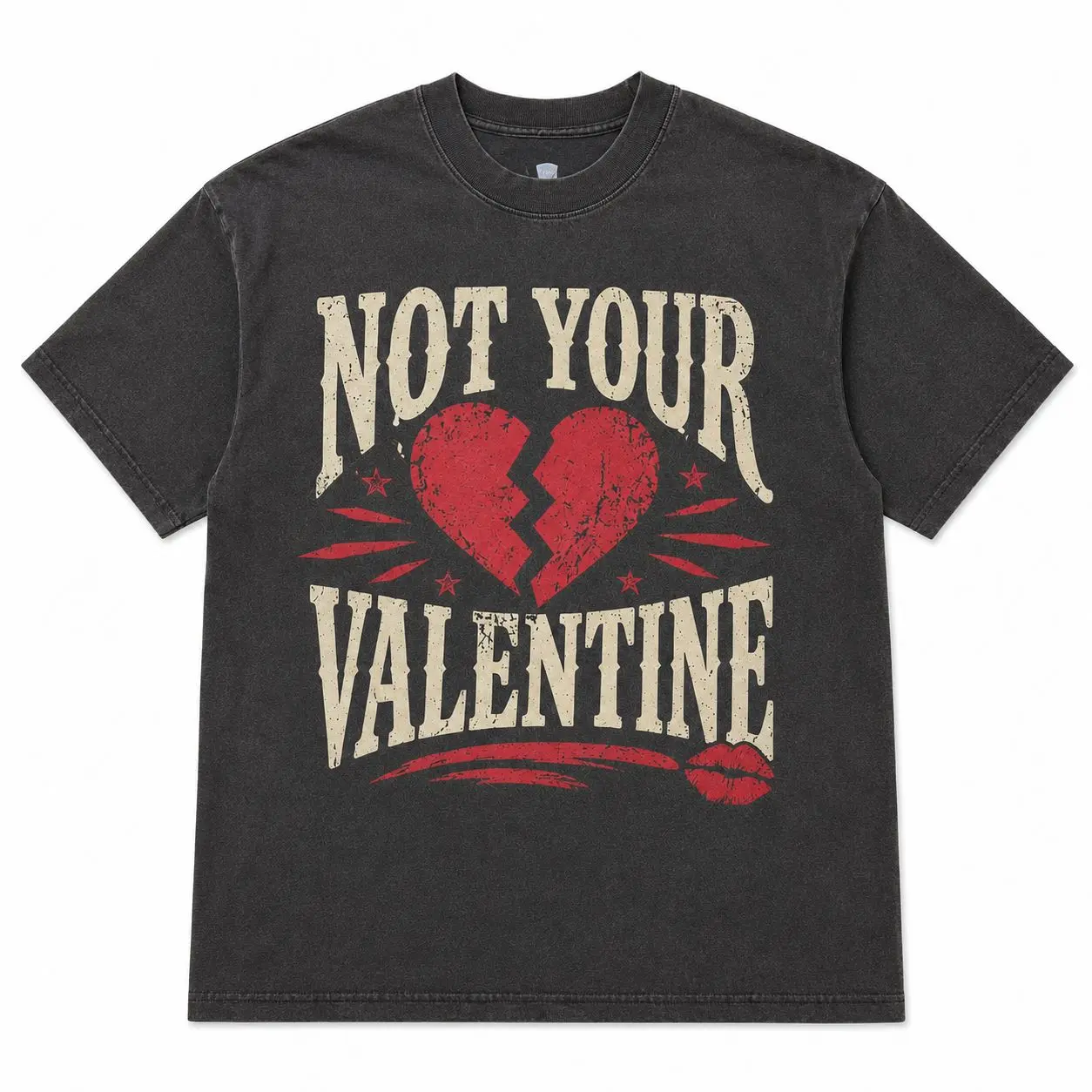 B-Not Your Valentine Broken Heart Graphic Print Heavyweight Cotton T-Shirt Unisex | Vintage Washed Black Y2K Streetwear Oversized Tee, Retro Grunge Aesthetic Top, Pure Cotton Drop Shoulder Short Sleeve Shirt Casual Loose Fit Comfort Tee Tiktok