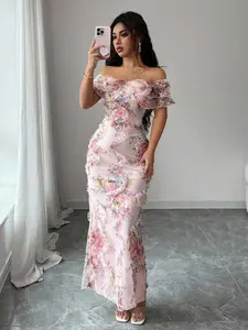 Elegant Romantic Ruffle Off Shoulder Fitted Bodycon Dress With 3D Floral Mesh Fabric