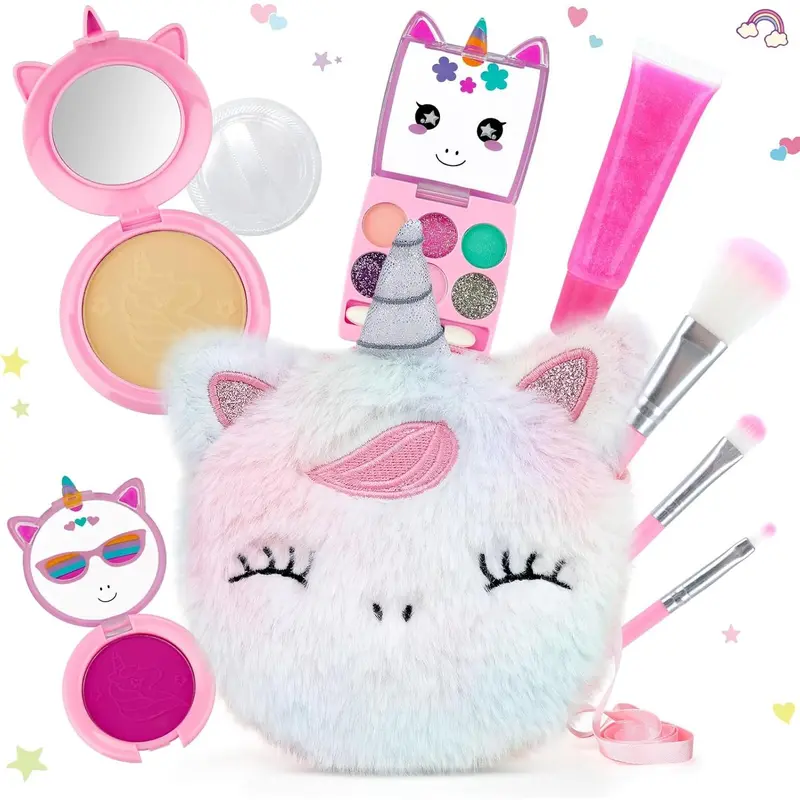 PERRYHOME Cute Kids Makeup Set Unicorn Washable Makeup Kit for Girls 3-12 with Mini Coin Purse - Real Cosmetic Non-Toxic Toddler Makeup Kit-Unicorn Toys for Girl - Birthday Unicorn Gift-PU3-PU4