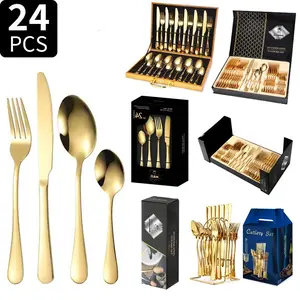 24-Piece Gold and Black Korean Silverware Set Mirror Polished Stainless Steel Western Flatware Cutlery Set Service for 6 Including Forks Spoons Knives Kitchen(Black Gold)