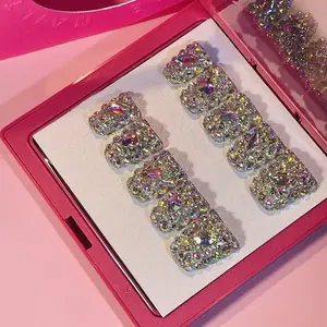10pcs Handmade Press-On Nail, Duckbill Tip, Full Crystal French Tip, Luxury Rhinestone French, AB Diamond Inlay, High-Shine Bling Decor, Handmade Dense Crystal Design, 3D Luxury Jewel Accessories, Glam Party Y2K Style
