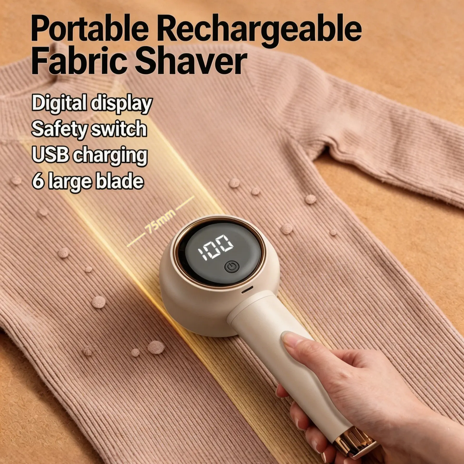 Portable Rechargeable Fabric Shaver, lint roller machine, Digital display\Safety switch\USB charging\6 large blade