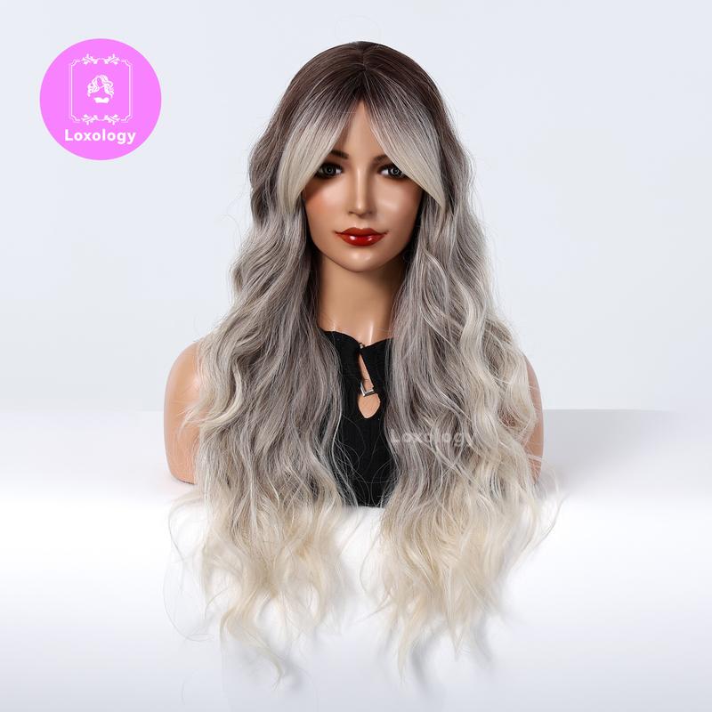 【Althea】Loxology | 28 inch Long Curly Gray Ombre Ivory Wigs with Bang and Gray Roots Synthetic Wigs for Women Daily Use Party or Cosplay Taking Photos