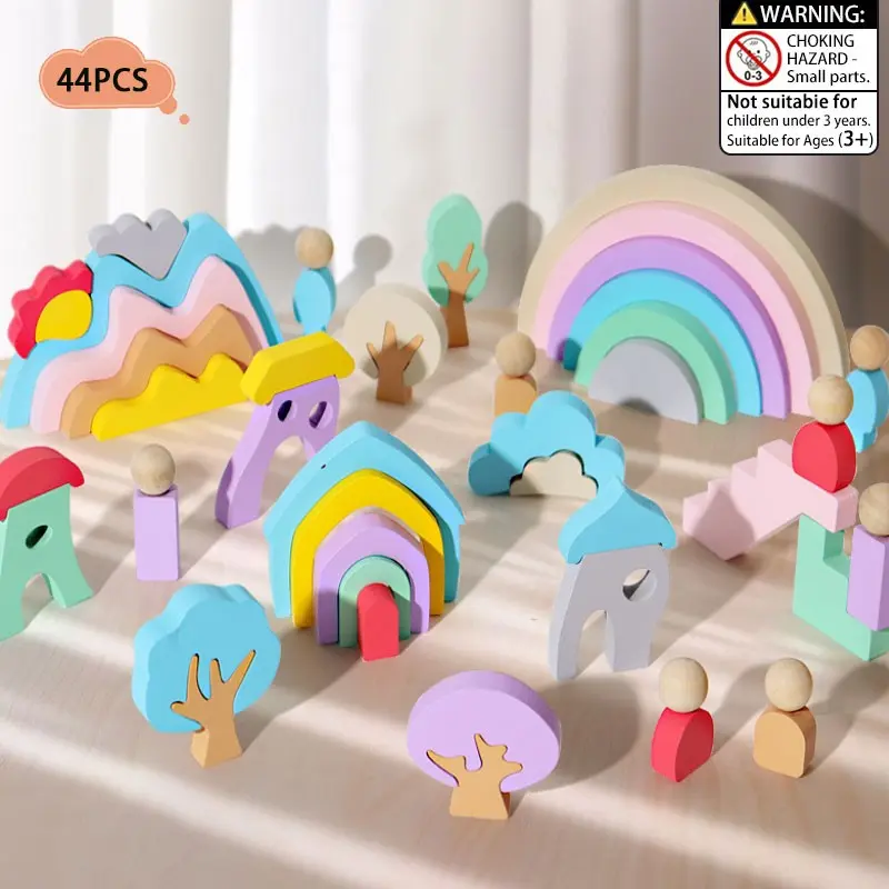 44PCS Children's Wooden Rainbow Stacking Blocks, Building and Stacking Toy, Blocks Set, Montessori Arch Rainbow Stacking Blocks, Colorful Stacking Puzzle Toy, Suitable for Children Aged 2-5, Rainbow Decoration Toy