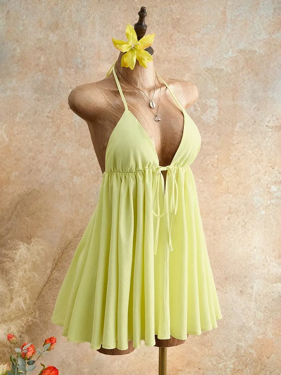 DAMIKA Summer Casual Beach Vacation Holiday Halter Neck Cami Mini Dress,Deep V-Neck Tie Front Flowy Chiffon A-Line Flared Sundress