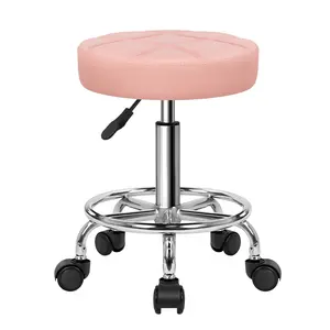 KKTONER Round Rolling Stool Chair PU Leather Height Adjustable Swivel Drafting Work SPA Shop Salon Stools with Wheels Office Chair Small (Pink)